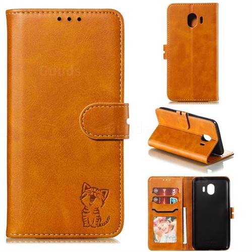 Embossing Happy Cat Leather Wallet Case for Samsung Galaxy J4 (2018) SM-J400F - Yellow