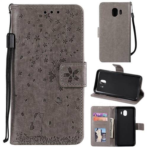 Embossing Cherry Blossom Cat Leather Wallet Case for Samsung Galaxy J4 (2018) SM-J400F - Gray