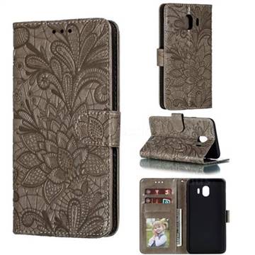 Intricate Embossing Lace Jasmine Flower Leather Wallet Case for Samsung Galaxy J4 (2018) SM-J400F - Gray