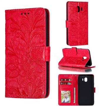 Intricate Embossing Lace Jasmine Flower Leather Wallet Case for Samsung Galaxy J4 (2018) SM-J400F - Red