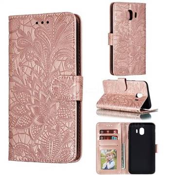 Intricate Embossing Lace Jasmine Flower Leather Wallet Case for Samsung Galaxy J4 (2018) SM-J400F - Rose Gold