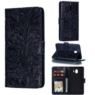 Intricate Embossing Lace Jasmine Flower Leather Wallet Case for Samsung Galaxy J4 (2018) SM-J400F - Dark Blue
