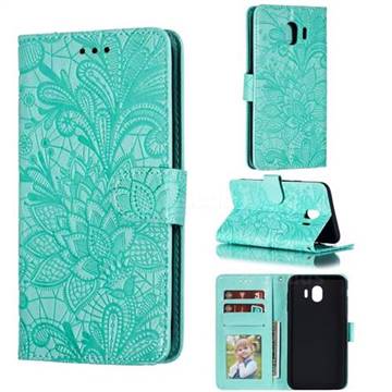 Intricate Embossing Lace Jasmine Flower Leather Wallet Case for Samsung Galaxy J4 (2018) SM-J400F - Green