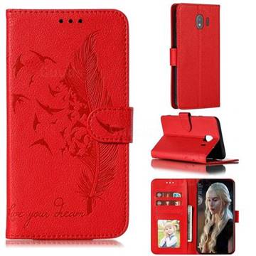 Intricate Embossing Lychee Feather Bird Leather Wallet Case for Samsung Galaxy J4 (2018) SM-J400F - Red