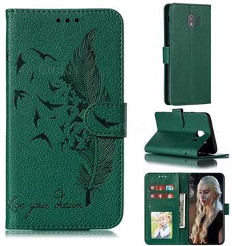 Intricate Embossing Lychee Feather Bird Leather Wallet Case for Samsung Galaxy J4 (2018) SM-J400F - Green