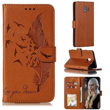 Intricate Embossing Lychee Feather Bird Leather Wallet Case for Samsung Galaxy J4 (2018) SM-J400F - Brown