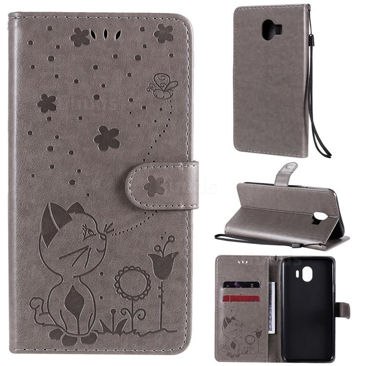 Embossing Bee and Cat Leather Wallet Case for Samsung Galaxy J4 (2018) SM-J400F - Gray