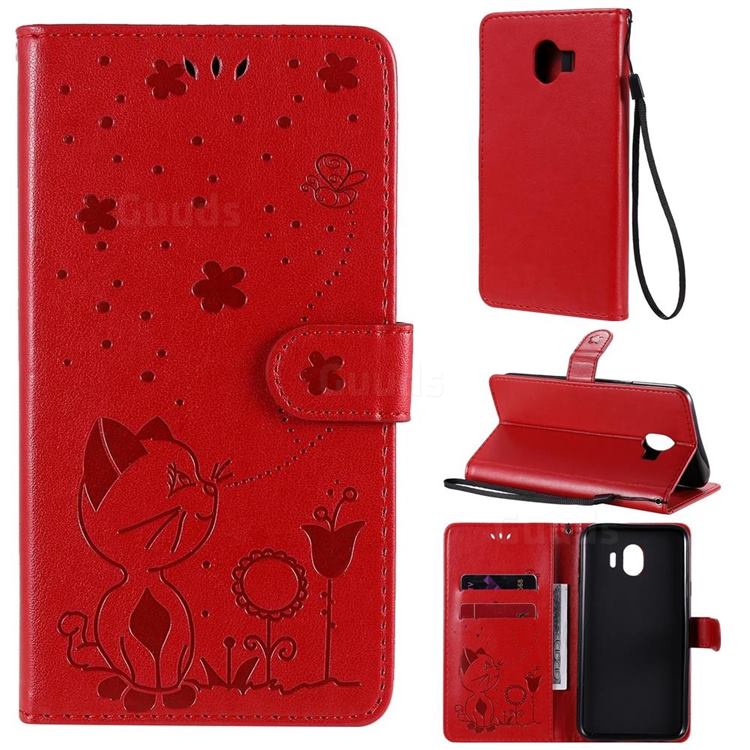 Embossing Bee and Cat Leather Wallet Case for Samsung Galaxy J4 (2018) SM-J400F - Red