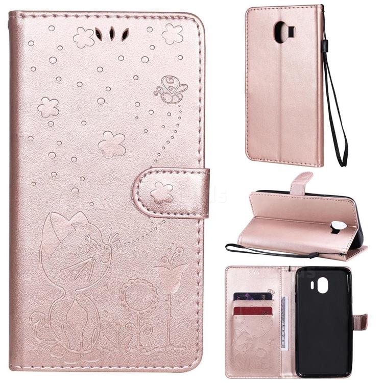 Embossing Bee and Cat Leather Wallet Case for Samsung Galaxy J4 (2018) SM-J400F - Rose Gold