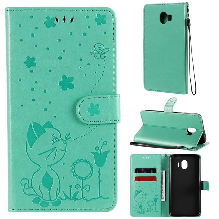 Embossing Bee and Cat Leather Wallet Case for Samsung Galaxy J4 (2018) SM-J400F - Green