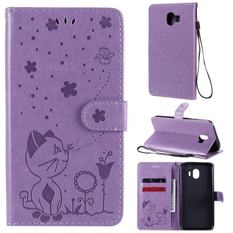 Embossing Bee and Cat Leather Wallet Case for Samsung Galaxy J4 (2018) SM-J400F - Purple