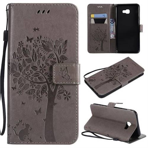 Embossing Butterfly Tree Leather Wallet Case for Samsung Galaxy J4 Core - Grey