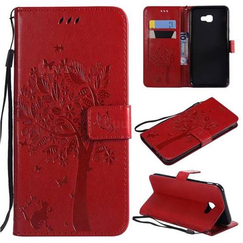 Embossing Butterfly Tree Leather Wallet Case for Samsung Galaxy J4 Core - Red