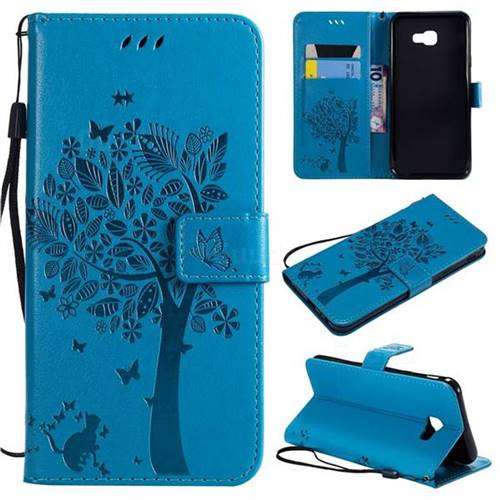 Embossing Butterfly Tree Leather Wallet Case for Samsung Galaxy J4 Core - Blue