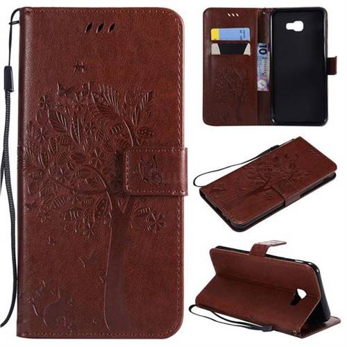 Embossing Butterfly Tree Leather Wallet Case for Samsung Galaxy J4 Core - Coffee