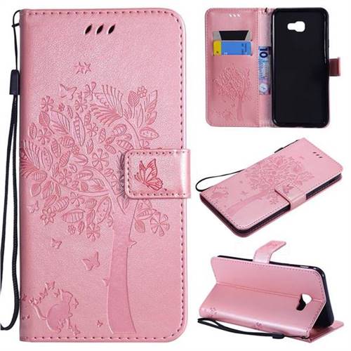 Embossing Butterfly Tree Leather Wallet Case for Samsung Galaxy J4 Core - Rose Pink