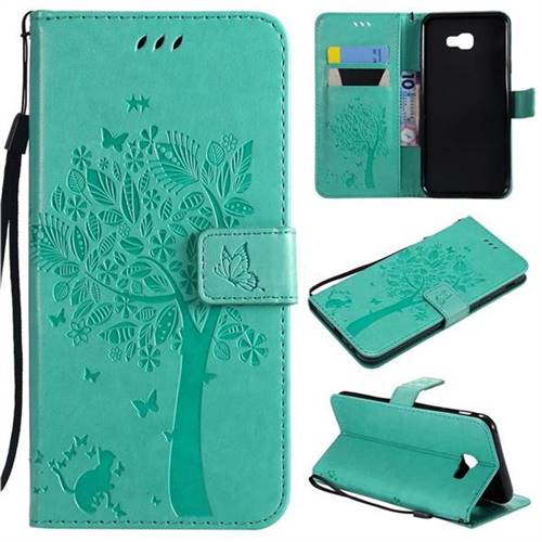 Embossing Butterfly Tree Leather Wallet Case for Samsung Galaxy J4 Core - Cyan