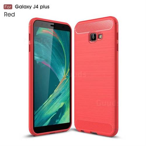 Luxury Carbon Fiber Brushed Wire Drawing Silicone TPU Back Cover for Samsung Galaxy J4 Plus(6.0 inch) - Red