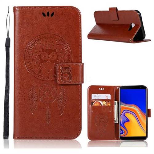Intricate Embossing Owl Campanula Leather Wallet Case for Samsung Galaxy J4 Plus(6.0 inch) - Brown