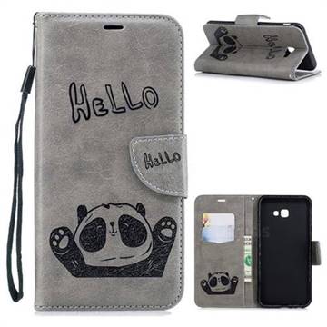 Embossing Hello Panda Leather Wallet Phone Case for Samsung Galaxy J4 Plus(6.0 inch) - Grey