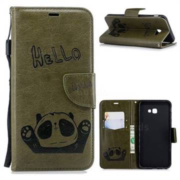 Embossing Hello Panda Leather Wallet Phone Case for Samsung Galaxy J4 Plus(6.0 inch) - Olive Green