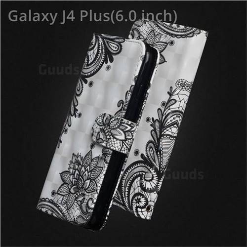 Black Lace Flower 3D Painted Leather Wallet Case for Samsung Galaxy J4 Plus(6.0 inch)