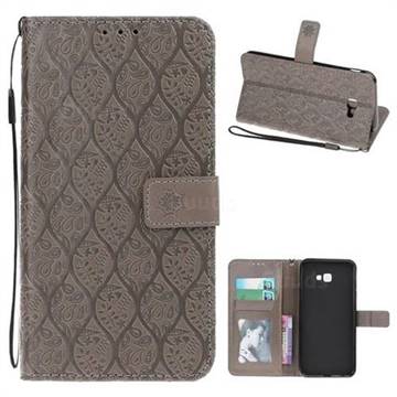 Intricate Embossing Rattan Flower Leather Wallet Case for Samsung Galaxy J4 Plus(6.0 inch) - Grey