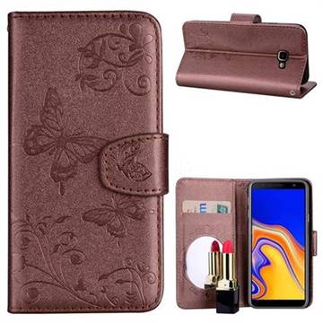 Embossing Butterfly Morning Glory Mirror Leather Wallet Case for Samsung Galaxy J4 Plus(6.0 inch) - Coffee