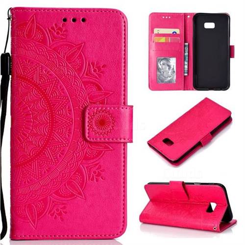 Intricate Embossing Datura Leather Wallet Case for Samsung Galaxy J4 Plus(6.0 inch) - Rose Red