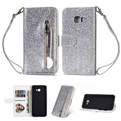 Glitter Shine Leather Zipper Wallet Phone Case for Samsung Galaxy J4 Plus(6.0 inch) - Silver