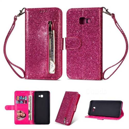 Glitter Shine Leather Zipper Wallet Phone Case for Samsung Galaxy J4 Plus(6.0 inch) - Rose