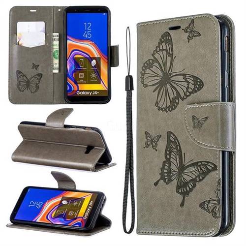 Embossing Double Butterfly Leather Wallet Case for Samsung Galaxy J4 Plus(6.0 inch) - Gray
