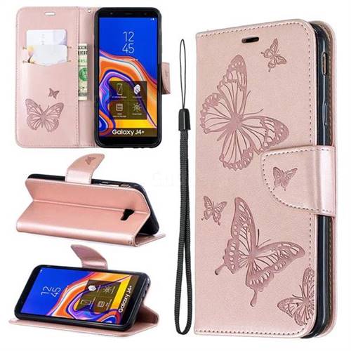 Embossing Double Butterfly Leather Wallet Case for Samsung Galaxy J4 Plus(6.0 inch) - Rose Gold