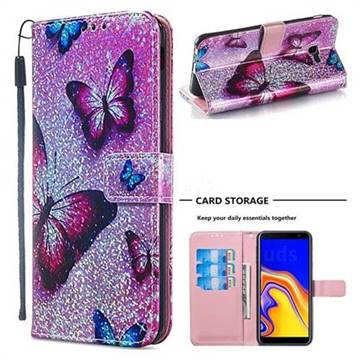 Blue Butterfly Sequins Painted Leather Wallet Case for Samsung Galaxy J4 Plus(6.0 inch)