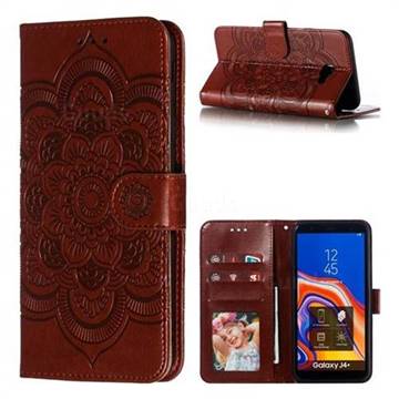 Intricate Embossing Datura Solar Leather Wallet Case for Samsung Galaxy J4 Plus(6.0 inch) - Brown