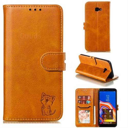 Embossing Happy Cat Leather Wallet Case for Samsung Galaxy J4 Plus(6.0 inch) - Yellow