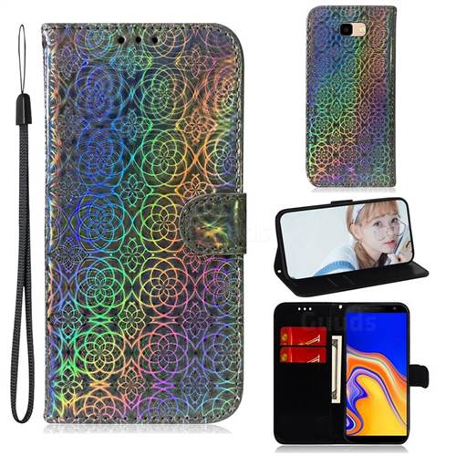 Laser Circle Shining Leather Wallet Phone Case for Samsung Galaxy J4 Plus(6.0 inch) - Silver