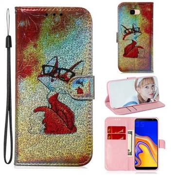 Glasses Fox Laser Shining Leather Wallet Phone Case for Samsung Galaxy J4 Plus(6.0 inch)