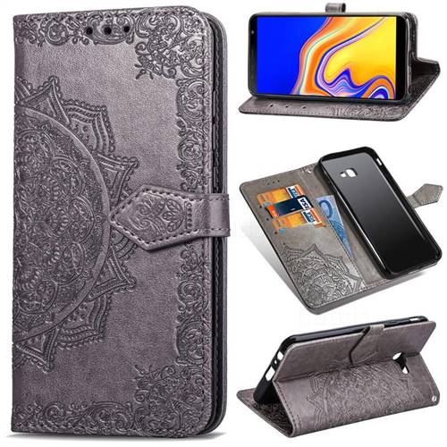 Embossing Imprint Mandala Flower Leather Wallet Case for Samsung Galaxy J4 Plus(6.0 inch) - Gray