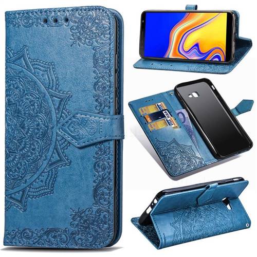 Embossing Imprint Mandala Flower Leather Wallet Case for Samsung Galaxy J4 Plus(6.0 inch) - Blue