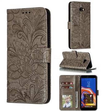 Intricate Embossing Lace Jasmine Flower Leather Wallet Case for Samsung Galaxy J4 Plus(6.0 inch) - Gray