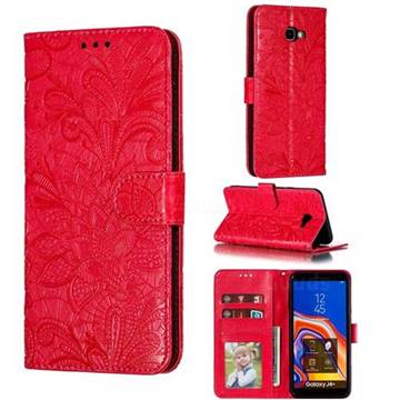 Intricate Embossing Lace Jasmine Flower Leather Wallet Case for Samsung Galaxy J4 Plus(6.0 inch) - Red