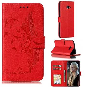Intricate Embossing Lychee Feather Bird Leather Wallet Case for Samsung Galaxy J4 Plus(6.0 inch) - Red