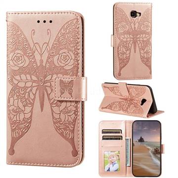 Intricate Embossing Rose Flower Butterfly Leather Wallet Case for Samsung Galaxy J4 Plus(6.0 inch) - Rose Gold