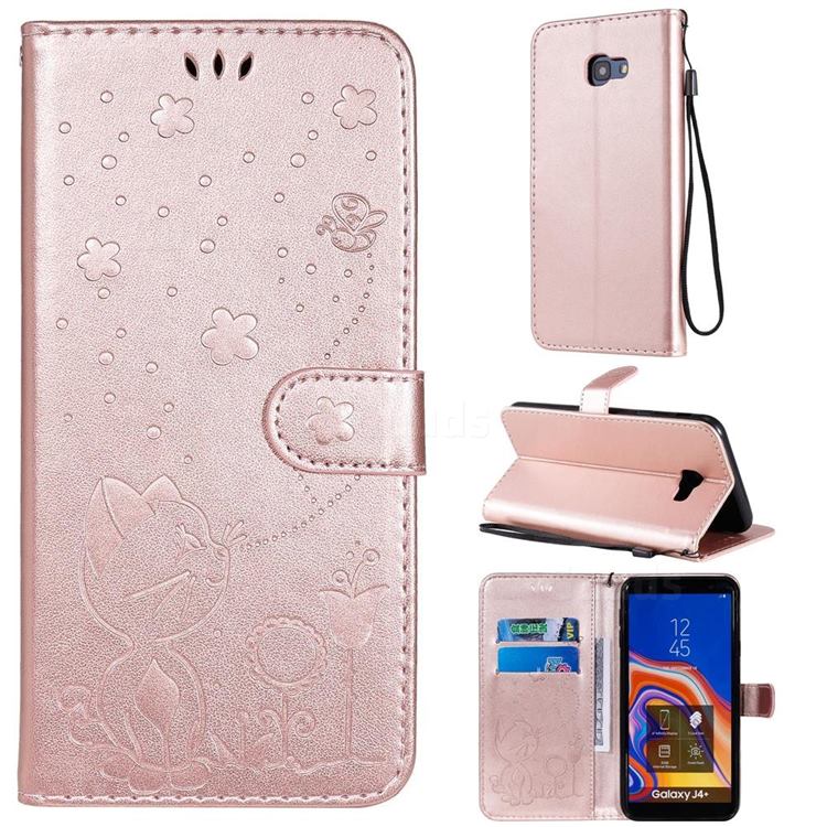 Embossing Bee and Cat Leather Wallet Case for Samsung Galaxy J4 Plus(6.0 inch) - Rose Gold