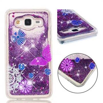 Purple Flower Butterfly Dynamic Liquid Glitter Quicksand Soft TPU Case for Samsung Galaxy J5 2015 J500