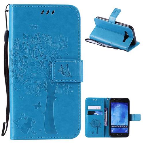 Embossing Butterfly Tree Leather Wallet Case for Samsung Galaxy J5 2015 - Blue