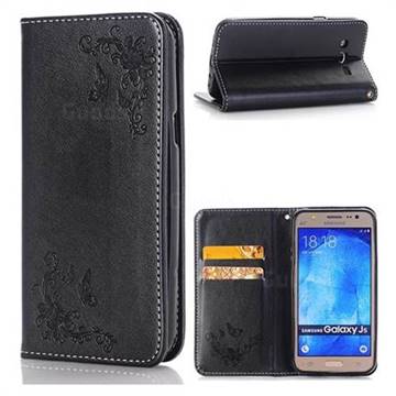 Intricate Embossing Slim Butterfly Rose Leather Holster Case for Samsung Galaxy J5 2015 J500 - Black