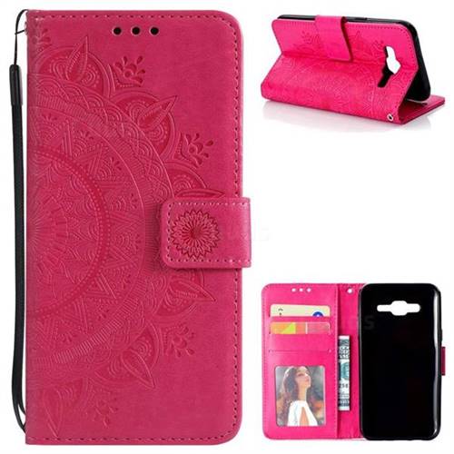 Intricate Embossing Datura Leather Wallet Case for Samsung Galaxy J5 2015 J500 - Rose Red