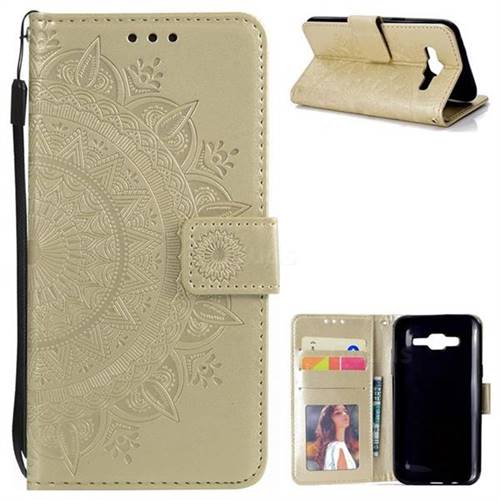 Intricate Embossing Datura Leather Wallet Case for Samsung Galaxy J5 2015 J500 - Golden